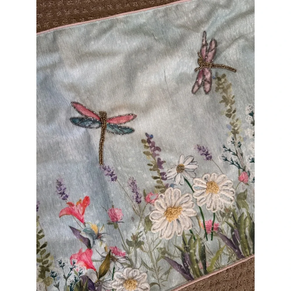 Floral Dragonfly Beaded Embroidered Table Runner Light Blue 14x72 Pink Piping